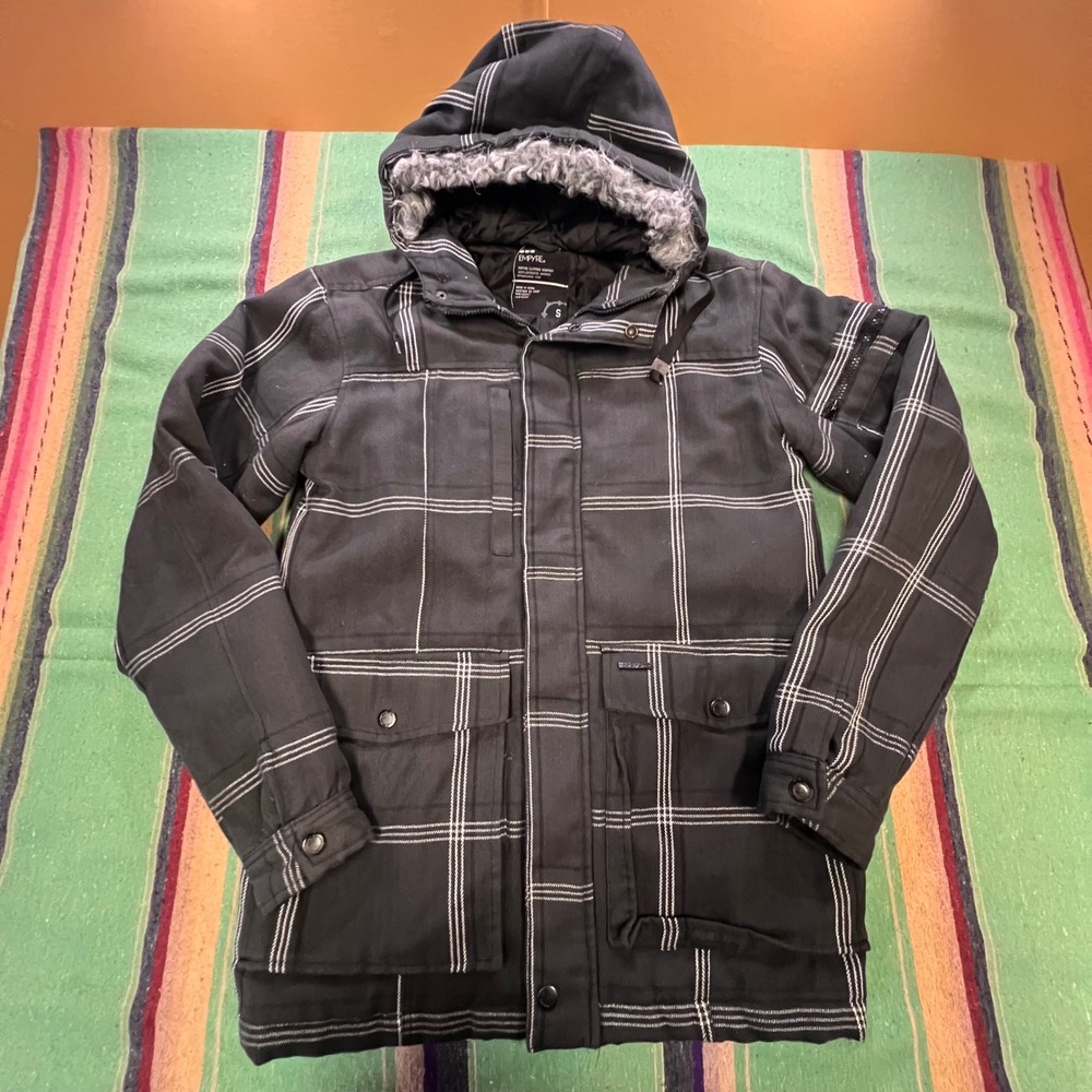 Empyre Parka Jacket Mens Small Black White Plaid Hooded Faux Fur Quilted Skater